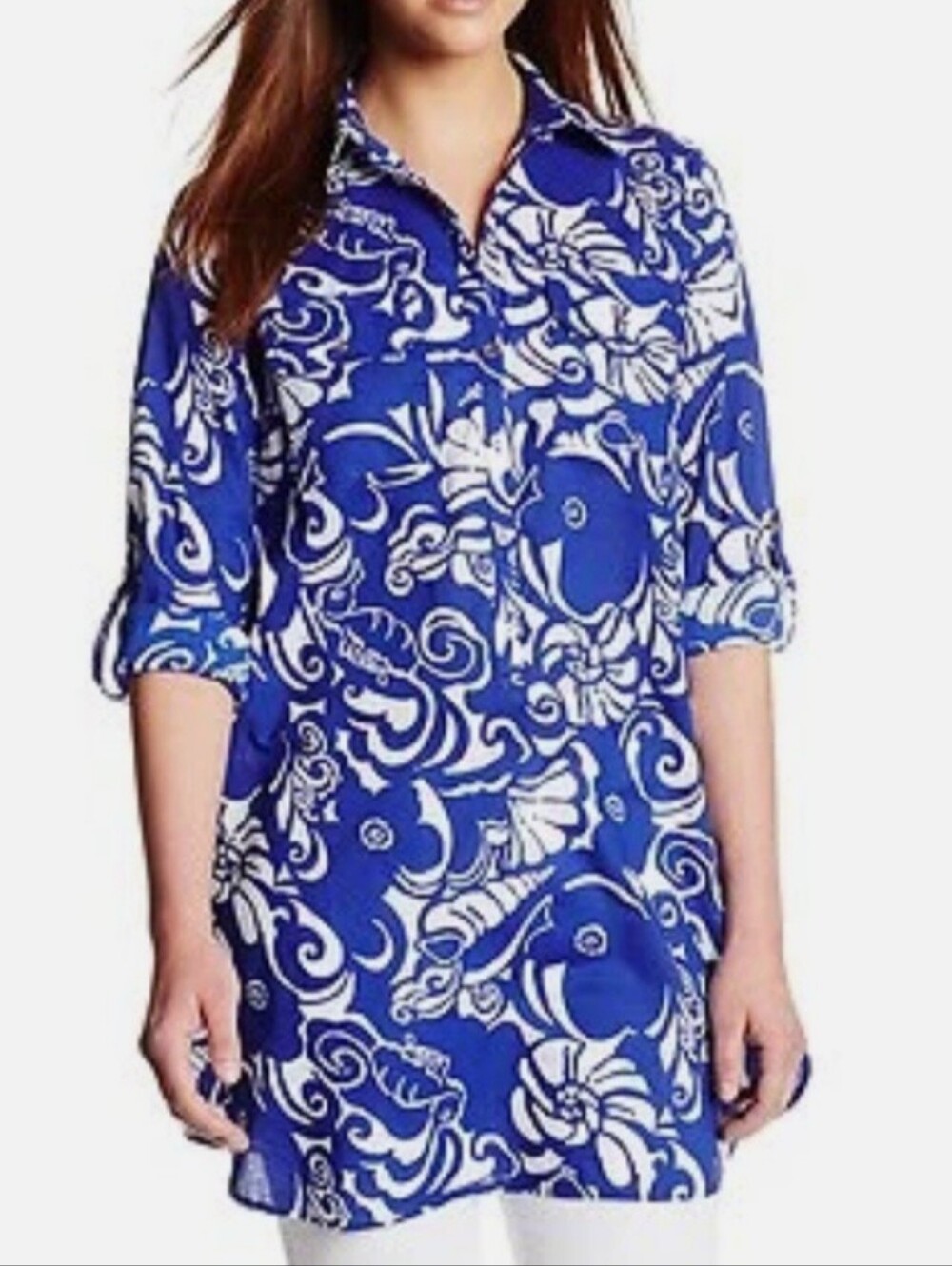 Lilly Pulitzer CAPTIVA TUNIC Cover Up Spectrum Blue White V Neck Small